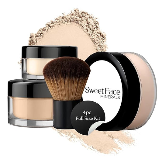 4pc Full Size Kit (Fair 2) Mineral Makeup Matte Translucent Loose Foundation + Kabuki Brush + Concealer + Finishing Setting Powder + Bare Face Full Coverage SPF 30 All Skin Types Waterproof