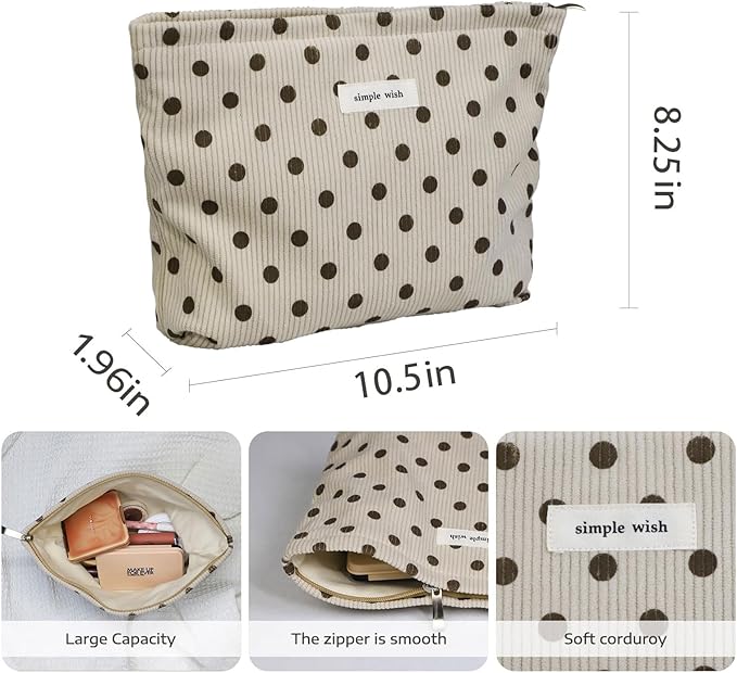 Wudygirl Makeup Bag Makeup Pouch for Women Corduroy Cosmetic Bag Portable Travel Toiletry Bag Large Capacity Make up Organizer with Zipper（Beige Polka Dot）