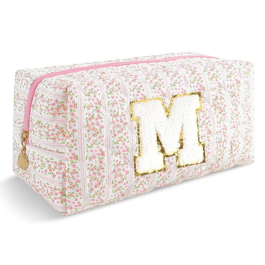 Personalized Quilted Cosmetic Bag, Puffy Monogrammed Christmas Birthday Gifts for Women & Girls, Cute initial Floral Makeup Bag Puffer Coquette Bag, Aesthetic Travel Toiletry Zipper Pouch(Pink,M)