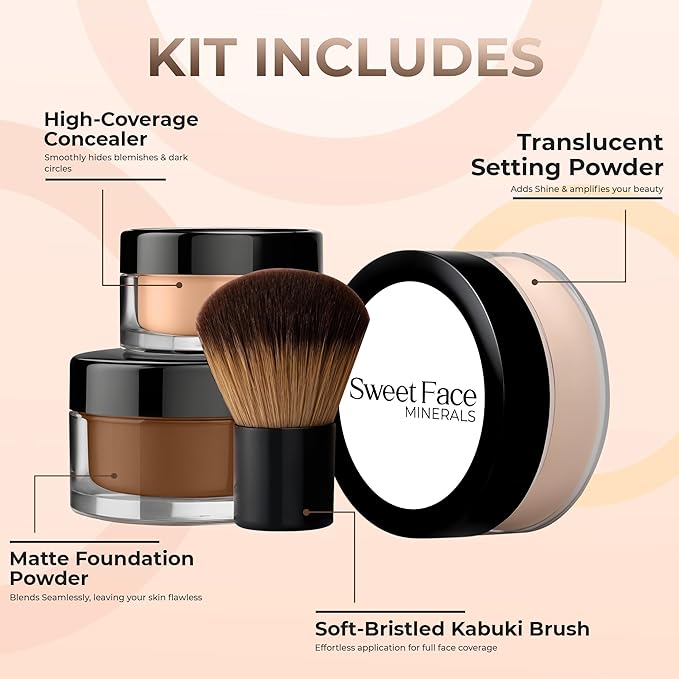 4pc Full Size Kit (Ebony Shade) Mineral Makeup Matte Translucent Loose Foundation + Kabuki Brush + Concealer + Finishing Setting Powder + Bare Face Full Coverage SPF 30 All Skin Types Waterproof