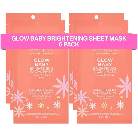 Pacifica Sheet Face Mask - 6 Pack - Glow Baby Brightening Facial Mask w/Vitamin C, Aloe & Kelp – Cooling Mask for Dark Spots & Fine Lines - Clean Beauty Vegan & Cruelty-Free Dermatologist Tested