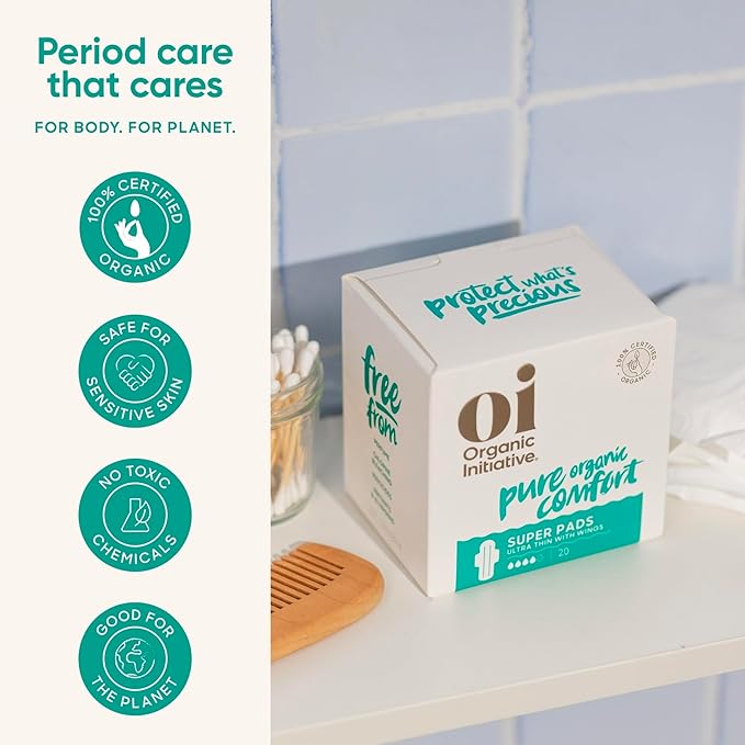 Oi | Organic Initiative - Ultra-Thin Pads with Wings | Super | 100% Certified Organic Cotton, Unscented | Leak Free, Biodegradable | Non-GMO, Toxin Free | 20 Pads