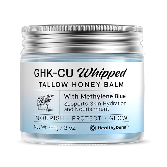 Copper Peptides GHK-Cu Beef Tallow for Skin: Blue Balm with Methylene Blue, Manuka Honey & Vitamin E – Natural Face and Body Moisturizer for Mature, Dry & Sensitive Skin – 2oz