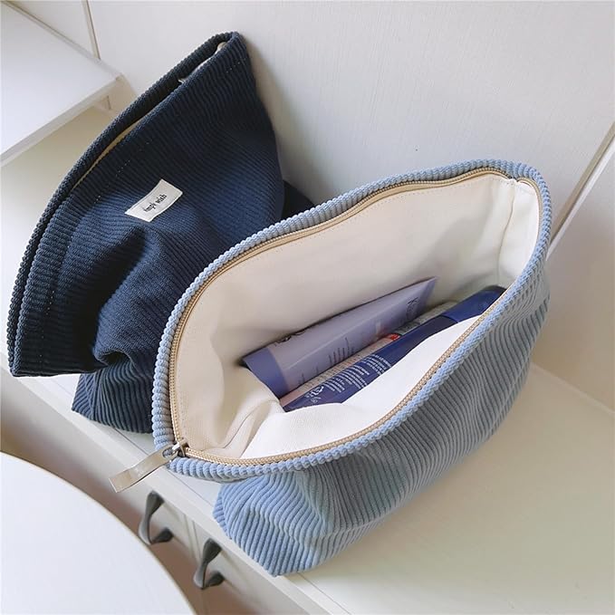 Wudygirl Makeup Bag,Portable Cosmetic Travel Bag for Women and Girls,Large Capacity Corduroy Travel Toiletry Bag(Light Blue)