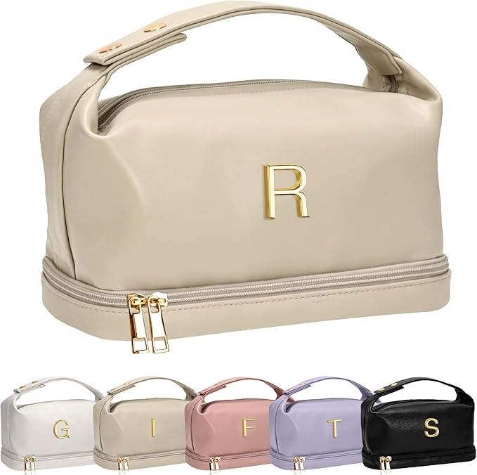 Makeup Bags for Teens Girls, Initial Double Layer Cosmetic Bag with Makeup Brush Organizer, Large Capacity PU Leather Travel Toiletry Bag, Gifts for Friends Female Mom