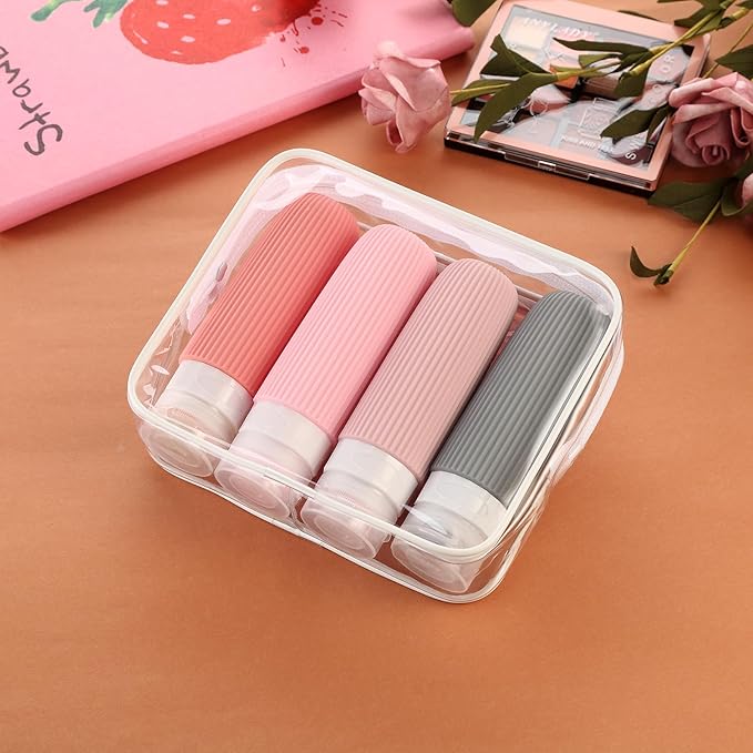 Travel Bottles for Toiletries, Tsa Approved 3oz Portable Travel Bottles, BPA Free Leak Proof Squeezable Silicone Travel Size Containers, Travel Accessories with Clear Toiletry Bag (4 Pack)