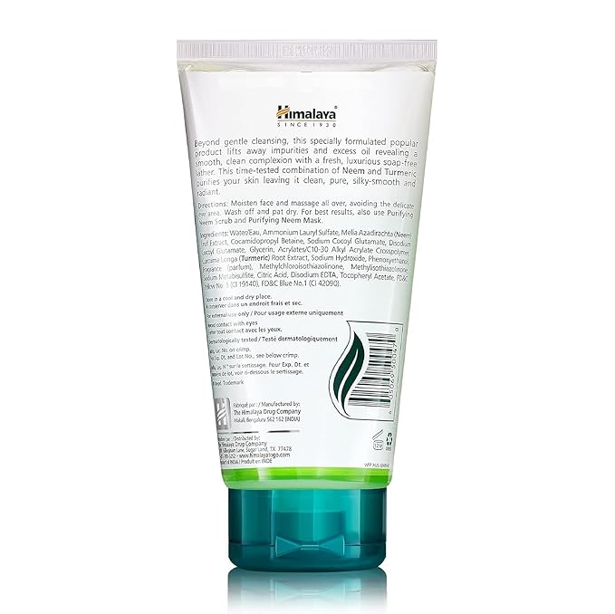 Himalaya Purifying Neem Face Wash, Normal to Oily Skin, Turmeric, Vegan, Cruelty Free, Soap and Paraben Free, Dermatologically Tested, SLS/SLES Free, 5.07 Fl Oz, 150 mL, 1 Pack