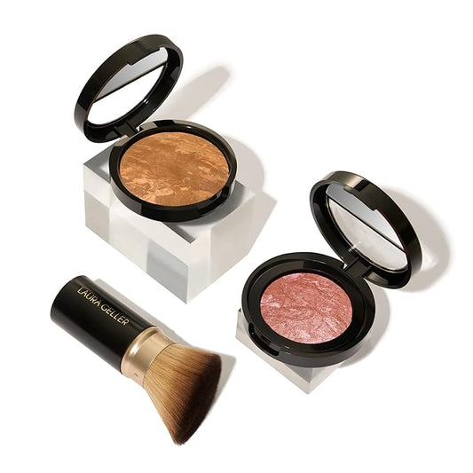 Blush-n-Glow Kit (3 PC): LAURA GELLER NEW YORK Baked Balance-N-Glow Illuminating CC Powder Foundation Sand, Retractable Kabuki Brush, Baked Blush-N-Brighten Pink Grapefruit
