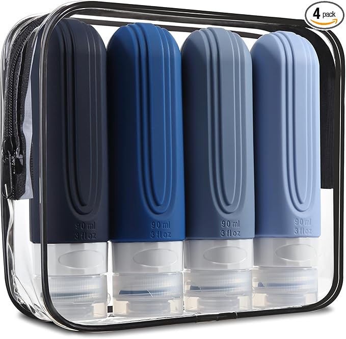 Travel Bottles for Toiletries, Tsa Approved 3oz Travel Size Containers BPA Free Leak Proof Refillable Liquid Silicone Squeezable Travel Accessories for Shampoo Conditioner Lotion (4 Pack)