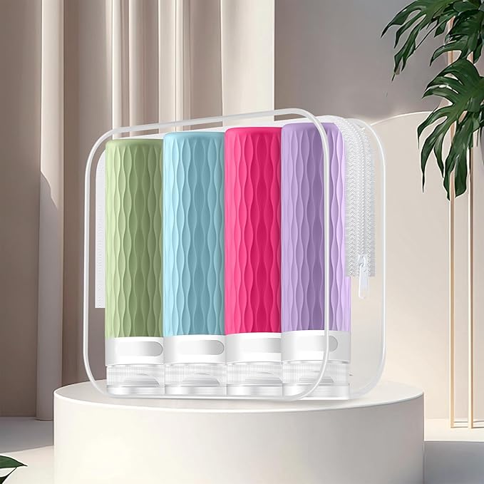 Travel Bottles for Toiletries, TSA Approved 3.4oz Travel Size Containers, BPA Free Leak Proof Silicone Traveling Bottles, Refillable Travel Essentials Kits for Shampoo Conditioner(4 Pack)-C