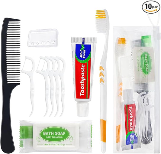 Personal Care Travel Toiletries Sets Bulk - Pack of 10,Disposable Toothbrushes with Toothpaste and Floss,Comb,Soap,Cover,Zip Bag 7-IN-1 Travel Size Toiletry Kit for Hotel,Guest,Homeless,Charity,Church