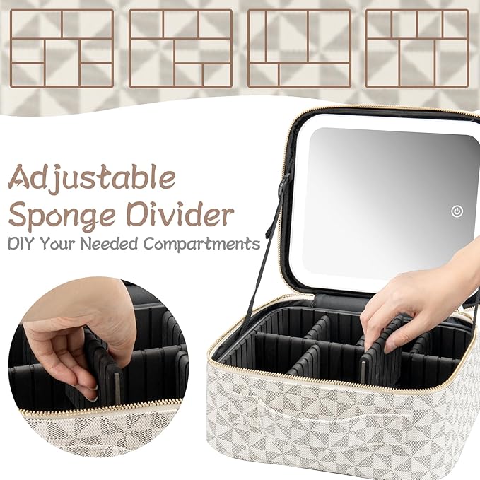 Makeup Travel Train Case with Mirror LED Light 3 Adjustable Brightness Large Cosmetic Bag Portable Storage Adjustable Partition Waterproof Makeup Brushes Make up Jewelry Gift for Women