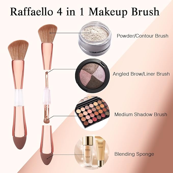 Raffaello 4-in-1 Travel Makeup Brush, Multi-use Makeup Sponge, Eyeshadow, Eyebrow, Liner & Blush Blending Brush for Foundation, Concealer, Powder, Vegan, Dual-Ended Make Up Brush Set (1pcs RoseGold)