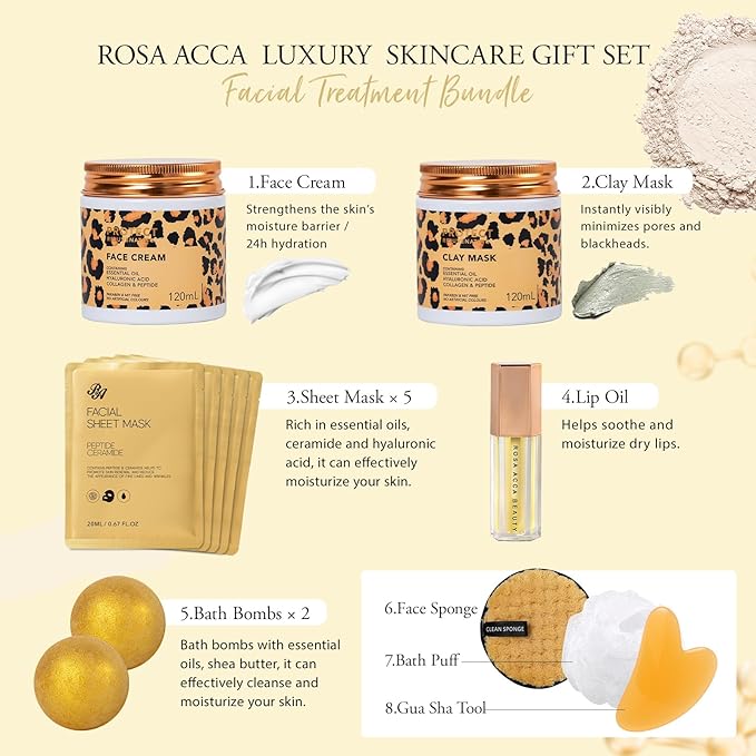 Leopard 32 Pcs Facial Skin Care Set, Spa & Self-Care Gifts, Bath and Body Gifts for Women, Lip Oil, Face Sheet Mask, Bath Oil, Hyaluronic Acid, Birthday, Christmas, Valentines
