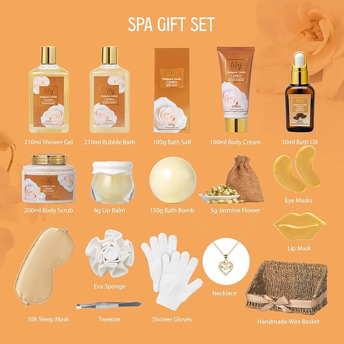 18Pcs Bath and Body Gift Basket Set for Women - Vanilla Spa Baskets Spa Kit with Necklace | Perfect Gifts for Christmas, Valentines Day, Mothers Day, Birthday Gifts, Self Skin Care Gifts for Her/Mom