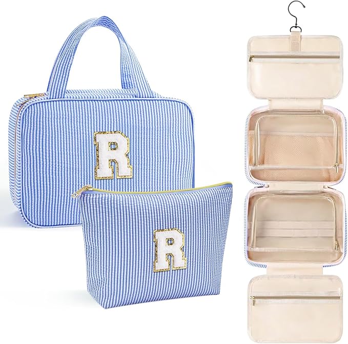 YOOLIFE Hanging Toiletry Bag - Large Capacity Personalized Travel Toiletry Bag for Women, Cruise Ship Essentials - Letter R, Blue