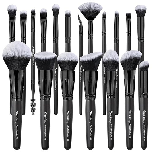 Bueart Design 19Pcs ULTRA SOFT Black labeled DENSE HAIR Makeup Brushes set Contains large powder Flat Foundation Ultimate Blending Make up Brush set Blush Face Brush Concealers contour Eyeshadow
