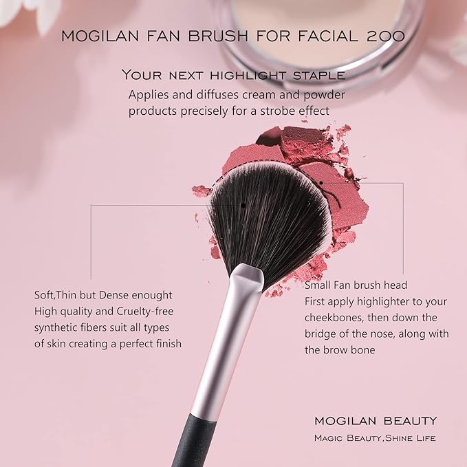 Small Fan Blush Brush for Cheeks & Face Highlighting Soft Vegan Synthetic Bristles Professional Makeup Brush for Powder Cream Blending Buffing Highlighter Eyeshadow Applicator