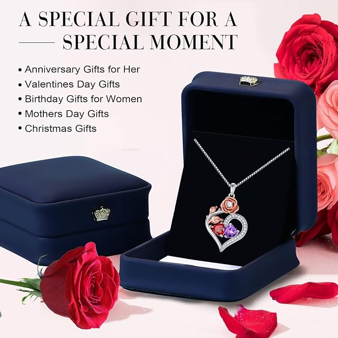 Iefil Rose Heart Birthstone Necklaces for Women - 925 Sterling Silver Double Birthstone Necklace, Anniversary Birthday Gifts for Women, Jewelry Gifts for Wife Her