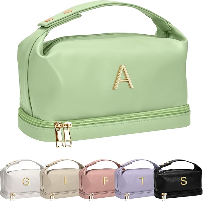 Teen Girl Gifts Trendy Stuff, Makeup Bags for Women with Handle, Initial Double Layer Cosmetic Bag with Makeup Brush Organizer, Birthday Gifts for 11 12 13 14 15 16 17 18 19 Year Old Girls