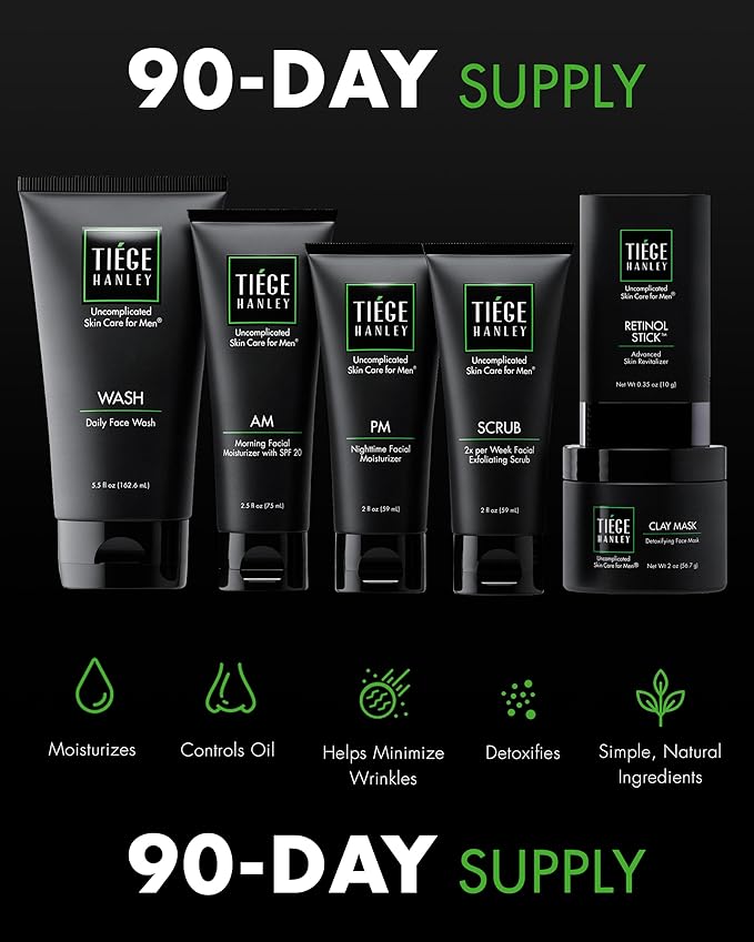 Tiege Hanley 90-Day Large Anti-Aging Skin Care Routine for Men - Includes Face Wash, Scrub, Moisturizers, Clay Mask, & Retinol Stick