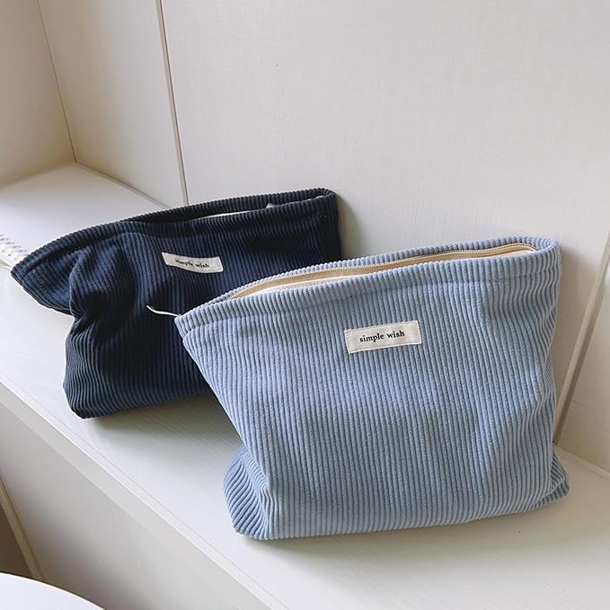 Wudygirl Cosmetic Bags for Women,Travel Makeup Bag,Aesthetic Women Handbags Purses,Large Capacity Corduroy Toiletry bag Zipper Pouch(Navy Blue)