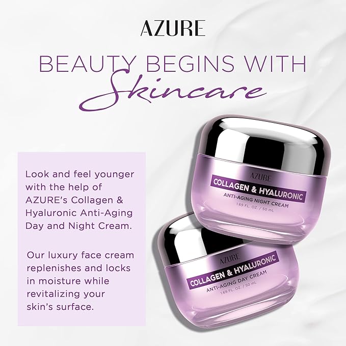 Azure Cosmetics Collagen & Hyaluronic Acid Face Moisturizer - Dermatologist Tested, Anti-Aging Cream for Fine Lines & Wrinkles - Ultra Hydrating Face Cream - Korean Skin Care - Day & Night Duo Set