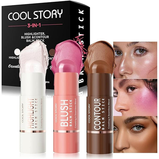 3-in-1 Highlighter,Blush and Contour Sticks Trio with Highlighter Stick Contour Stick and Blush Stick for Cheeks and Face Makeup (Set A Fair)