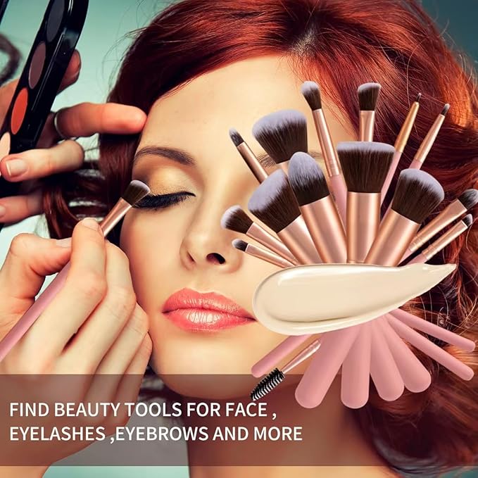 14 Piece Pink Makeup Brushes-Wooden Handle with Soft Synthetic Bristles,for Face & Eye Makeup|Professional Makeup Brushes set for Women & Girls|