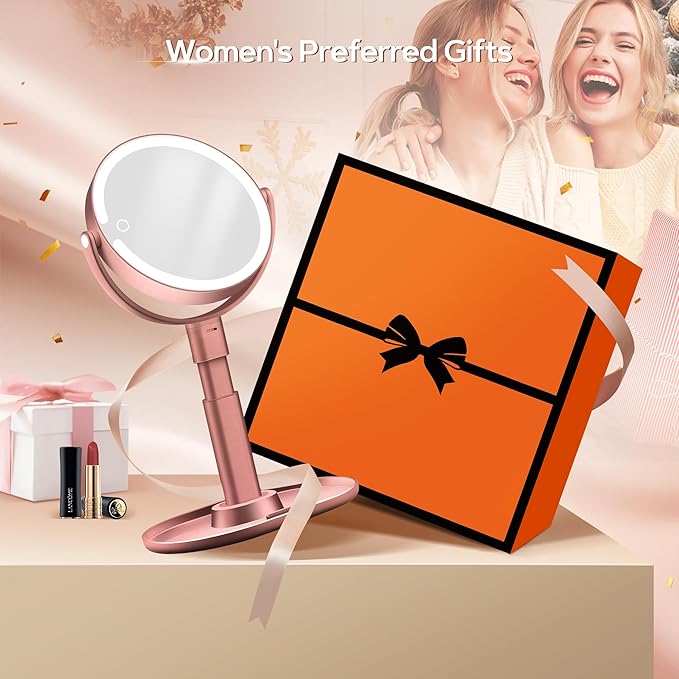 B Beauty Planet Makeup Mirror with Lights, Lighted Magnifying Mirror 30X with 3 Lighting and Adjustable Brightness, 2-Sided Height Adjustable Vanity Mirror for Bathroom, Gifts for Women Rose Gold