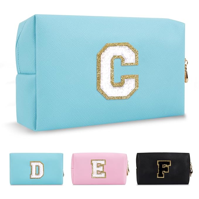 Small Personalized Initial A-Z Preppy Patch Makeup Bag,PU Chenille Letter Travel Cosmetic Pouch with Zipper,Blue Cute Toiletry Bag,Gift Ideal for Teen Girls Women Teacher Bridesmaid,Letter C
