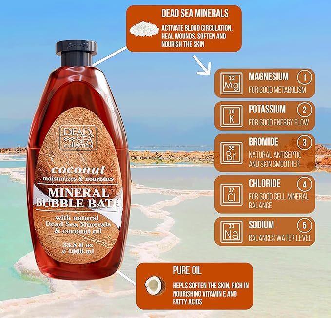 Dead Sea Collection Bubble Bath for Women and Men - with Coconut Oil and Pure Minerals - Nourishing and Moisturizing Skin - 33.8 Fl. Oz