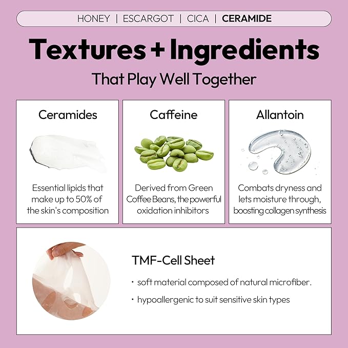 LAPCOS Skin Barrier Repair Sheet Mask Variety Pack – Escargot, Cica, Ceramide, Honey 4 Types of Face Mask Set – Daily Korean Skin Care w/Snail Mucin, Centella Asiatica & Niacinamide (12 ea)