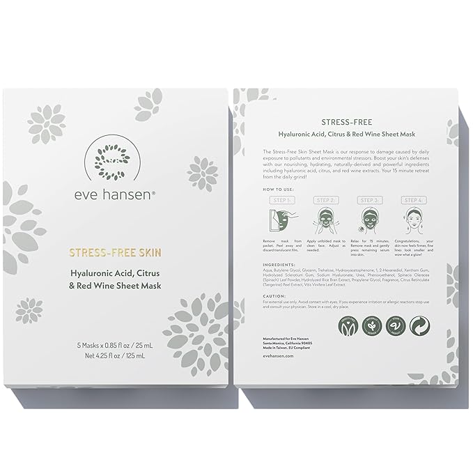 Eve Hansen Hydrating Face Mask Sheets Set of 5 – Moisturizing & Nourishing Care for All Skin Types – With Hyaluronic Acid, Tangerine Peel, Blueberry Extract & Spinach Leaf