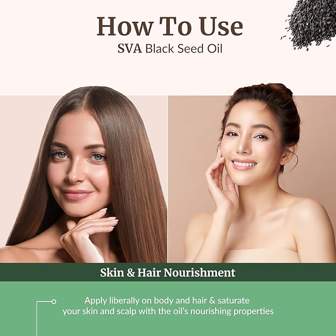 SVA Black Seed Oil Organic - 32 Fl Oz – 100% Natural Cold Pressed Organic Black Seed Oil - for Face, Skin Care, Hair Care, Scalp Massage & Body Massage – Carrier Oil