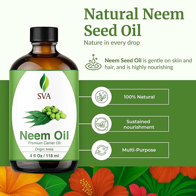 SVA Neem Seed Oil - 4 Fl Oz – 100% Natural Cold Pressed Neem Oil - for Face, Skin Care, Hair Care, Scalp Massage & Body Massage – Carrier Oil with Dropper