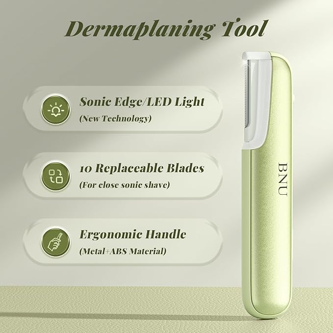 BNU Dermaplane Razor for Women, Face Razor for Women with 10 Replaceable Blades - Face Exfoliation Razor - Body Peach Fuzz Removal - Eyebrow Shaper - Sonic Edge Technology Dermaplaning Tool - Green