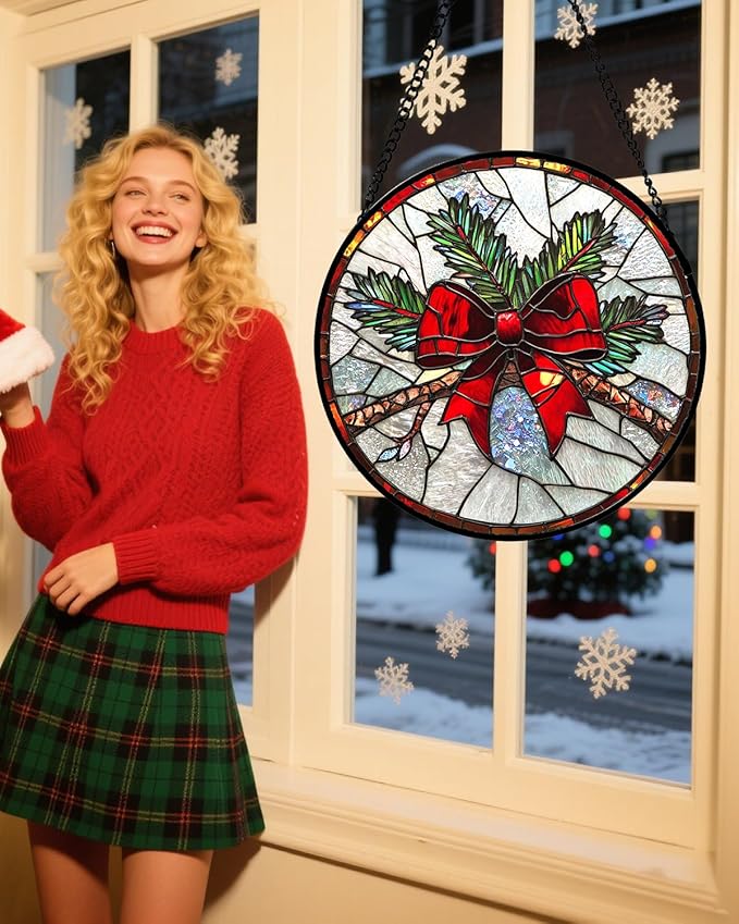 Stained Glass Window Hanging - Pine Branches Red Bow Suncatcher for Doors Home Christmas Decoration Silver Sun Catcher Thanksgiving New Year Birthday Gifts for Women Men Mom Nana 15 in