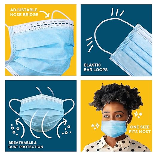 Be Smart Get Prepared 50 pcs FACE MASK, 3 Ply Protective Barrier, Single Use, Disposable Earloop – Home, Travel, Office, School, Work, Outdoors