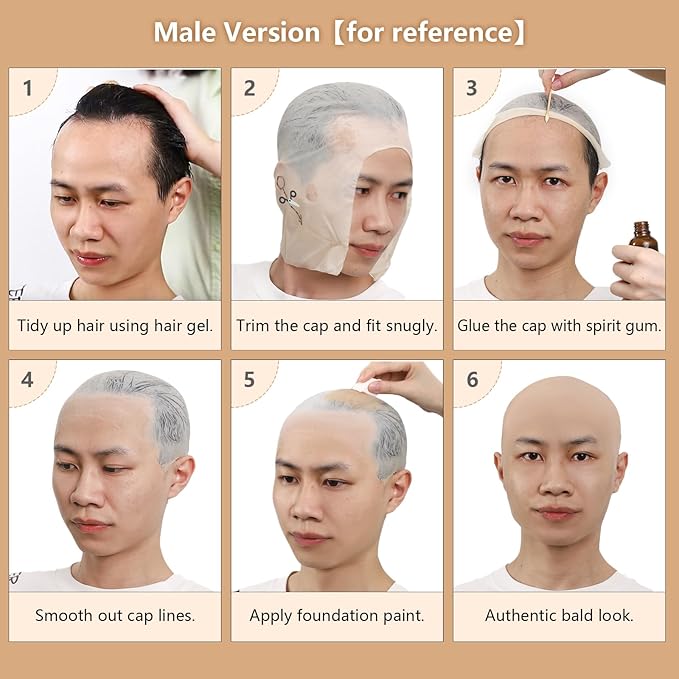 Bald Cap Halloween Makeup Kit for Men & Woman, Complete Bald Cap Costume Character Set, Realistic Bald Cap Kits for Cosplay Make Up, SFX Makeup, Dress-Up Party, Stage, Theater & Film