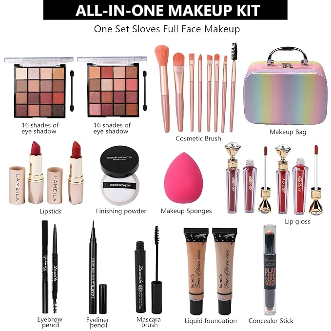 All in One Makeup Kit for Teen Girls - 2X16 Colors Eyeshadow, Liquid Foundation, Eyeliner Pencils, Contouring Stick, Lip Gloss, Eyebrow Pencils & 8pcs Makeup Brushes (Rainbow)