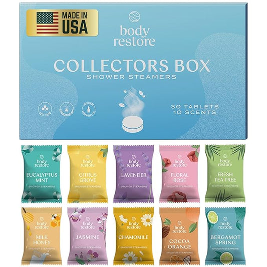 Body Restore Shower Steamers Aromatherapy 30 Pack - Birthday Gifts for Women, Men, Travel Essentials, Stress Relief, Relaxation, Self Care, Bath Bombs - Collector’s Box