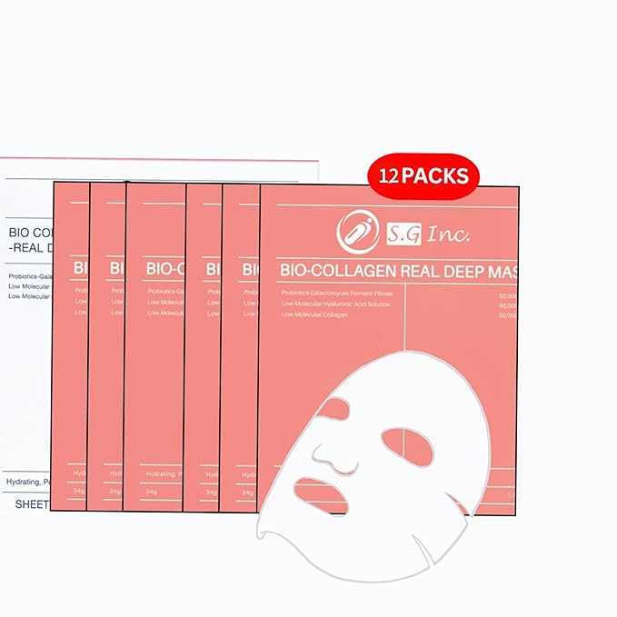 SG Bio- Collagen Real Deep Mask – Overnight Hydrating Collagen Face Masks Skincare| Anti-Wrinkle,Firming,Pore Minimizing,Elasticity Enhancing | Hydrogel Sheet Mask for All Skin Type (34g x 12-Pack)
