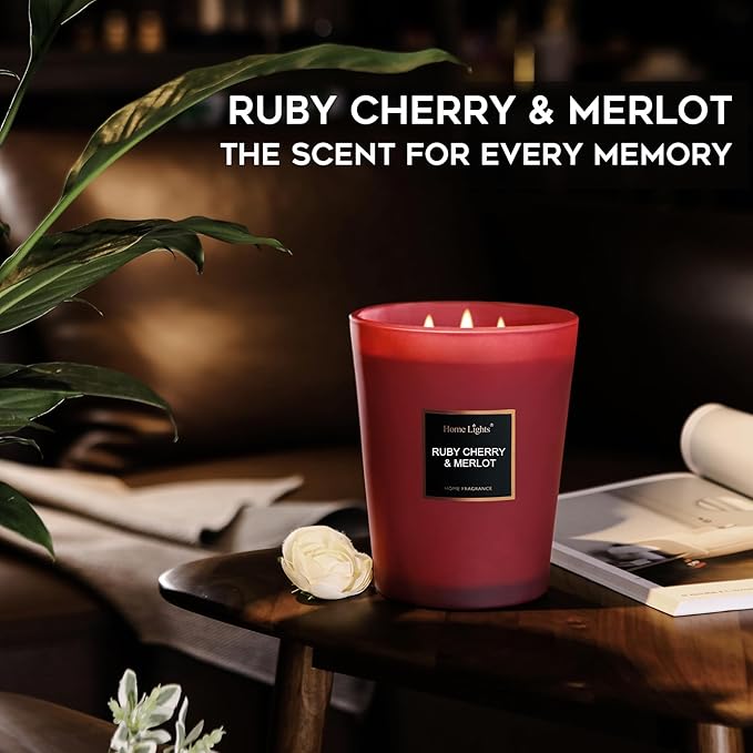 HomeLights Scented Candles - Large Jar Aromatherapy, Natural Soy Wax, 130 Hour Long Burning, Ruby Cherry & Merlot