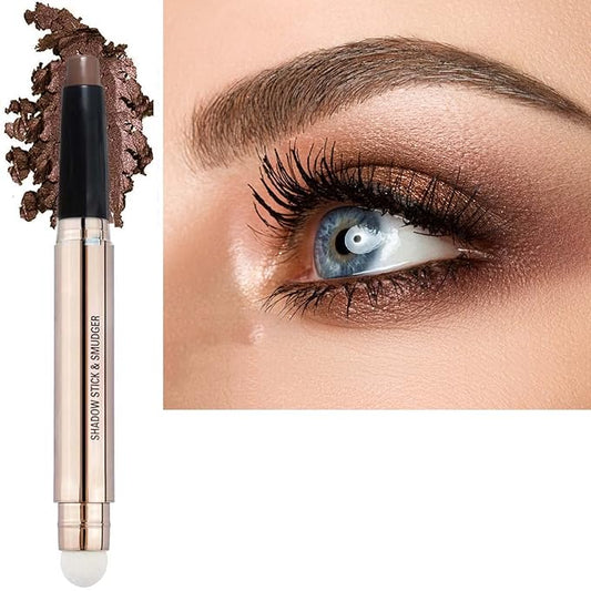 2 in 1 brown Eyeshadow stick and Sponge Makeup Brush, Smooth Cream Shimmer Shadow Pencil Long Lasting Waterproof Eye Shadow Highlighter Stick Makeup , Hypoallergenic Eyeshadow, Highlighter Eye Liner