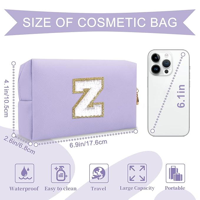 Personalized Makeup Bag Initial A-Z Preppy Patch Bag,Small PU Leather Travel Cosmetic Bag Pouch with Zipper,Purple Cute Toiletry Bag,Gift Ideal for Teen Girls Women Birthday Friend Mom,Latter Z