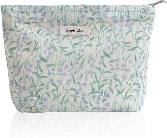 Wudygirl Cute Makeup Bag for Women - Travel Cosmetic Bag with Zipper Makeup Pouch Floral Make up Organizer Handbag Aesthetic (Purple Floral)