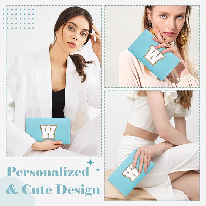 Small Personalized Initial A-Z Preppy Patch Makeup Bag,PU Chenille Letter Travel Cosmetic Pouch with Zipper,Blue Cute Toiletry Bag,Gift Ideal for Teen Girls Women Teacher Bridesmaid,Letter W