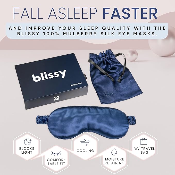 Blissy Silk Sleep Mask - Silk Eye Sleeping Mask for Women & Men for Total Blackout - 100% Pure Mulberry Silk, 22 Momme 6a Fibers - Blindfold Silk Sleep Mask Side Sleeper Eye Cover (Blue)