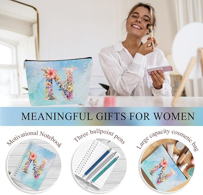 Personalized Gifts Monogrammed Birthday Gifts for Women, Colleague, Female Farewell Christmas, Initial 20 oz Tumbler, Makeup Cosmetic Bag Cup Pens Journal Notebook 6 Set, (Aesthetic Blue Flower N)